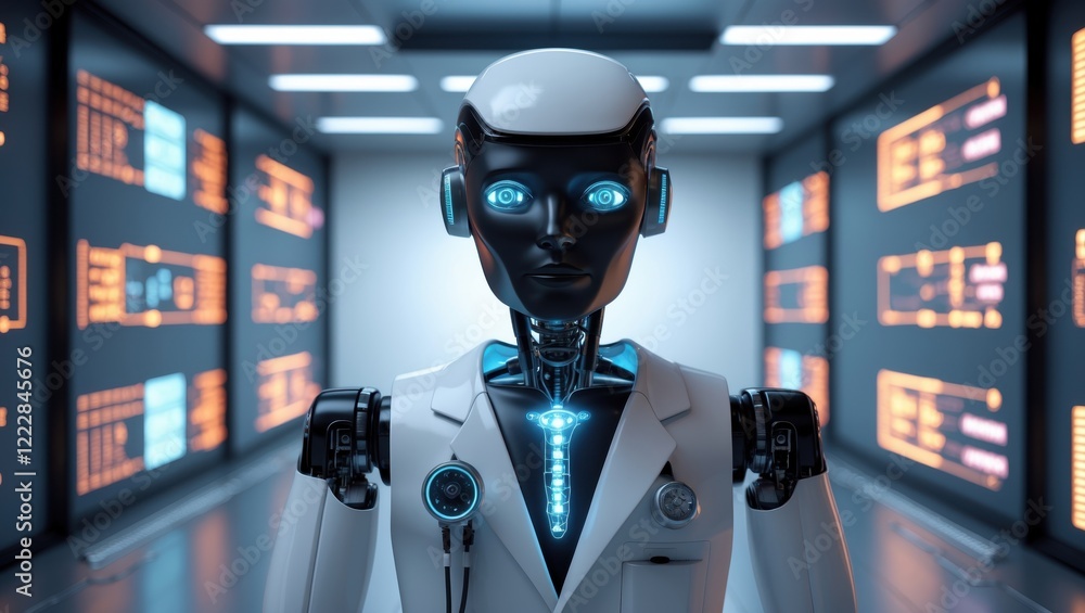 Poster a futuristic robot in a sleek lab environment, featuring illuminated circuitry and a professional ap