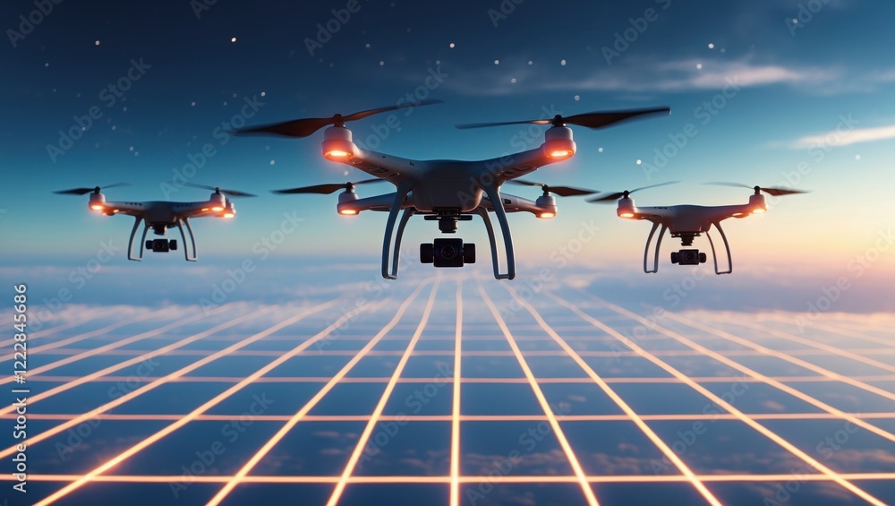Poster three drones hover above a futuristic grid under a starry sky, showcasing advanced technology in a d