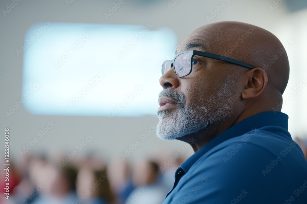 Aufkleber a man with glasses and a beard attentively listens to a speaker, showing interest in the topic being
