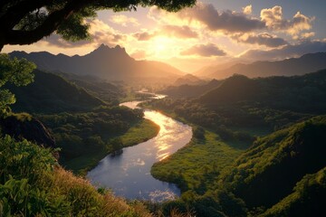 Lush Valley Serenity, expansive green landscape, winding river glistening under warm golden hour light, elevated perspective enhances depth and beauty
