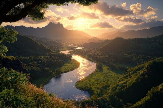 Lush Valley Serenity, expansive green landscape, winding river glistening under warm golden hour light, elevated perspective enhances depth and beauty