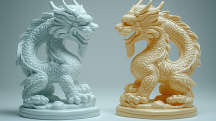 Pair of Elegant Chinese Dragon Statues Ancient Mythical Creatures 3d art home good luck asia gold   