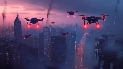 Fototapeta premium Drones Flying Over Futuristic Cityscape at Dusk