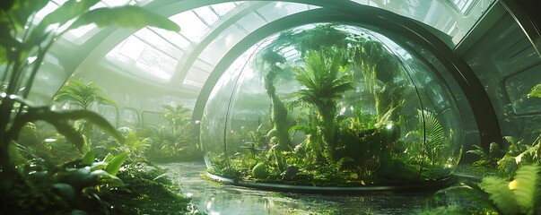 A mesmerizing eco-dome housing a miniature rainforest with futuristic bio-engineered species thriving inside
