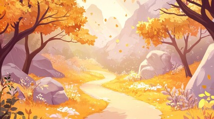 Autumn Path Through Golden Woods and Mountains