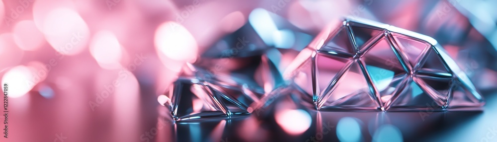 Poster a close-up of a shiny metallic surface showcases intricate facets illuminated by glowing pink and cy