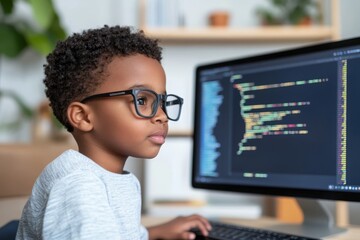 Young child focused on coding at a computer in a home environment showcasing creativity and technology