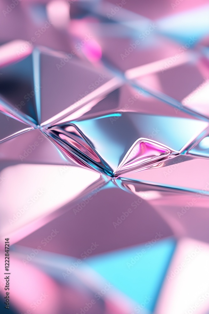 Poster a intricate metallic surface with sharp facets is lit by glowing neon pink and cyan lights, creating