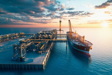 Obraz premium Industrial sunset over a busy offshore oil platform with a tanker alongside