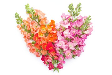 Obraz premium Heart-shaped arrangement of vibrant snapdragons for a romantic celebration on a clean white background
