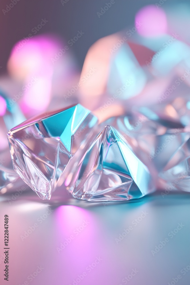 Poster a stunning close-up captures the intricate facets of a metallic surface. glowing neon pink and cyan 