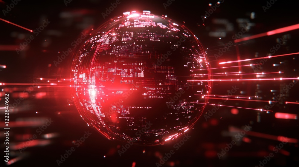 Poster red digital globe illuminated by streaming data