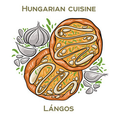 Langos is a traditional Hungarian street food consisting of deep-fried dough topped with sour cream, cheese, and sometimes garlic or bacon.