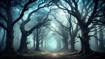 Dark forest with towering trees and twisted branches, eerie mist surrounds them , spooky forest, silhouettes