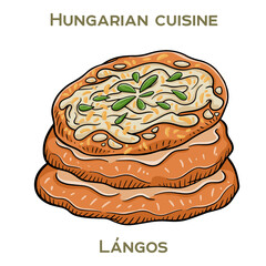 Langos is a traditional Hungarian street food consisting of deep-fried dough topped with sour cream, cheese, and sometimes garlic or bacon.