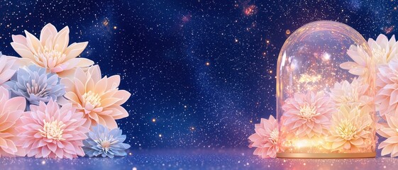 Ethereal cosmic flowers at cosmic dawn concept. Dreamy flowers under a starry sky in a glass dome
