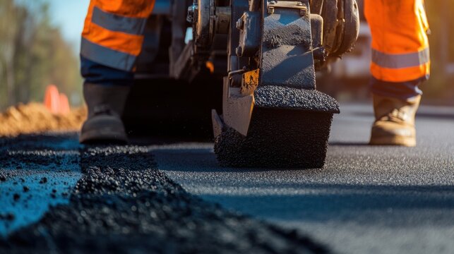 A close-up of a road paver in reflective clothing, controlling a paver machine with fresh asphalt being laid down, Road paving site scene