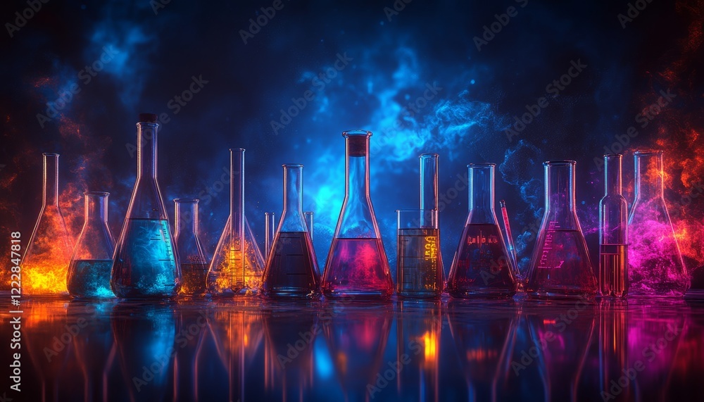 Poster laboratory glassware array colorful solutions and abstract smoke background for science concepts.