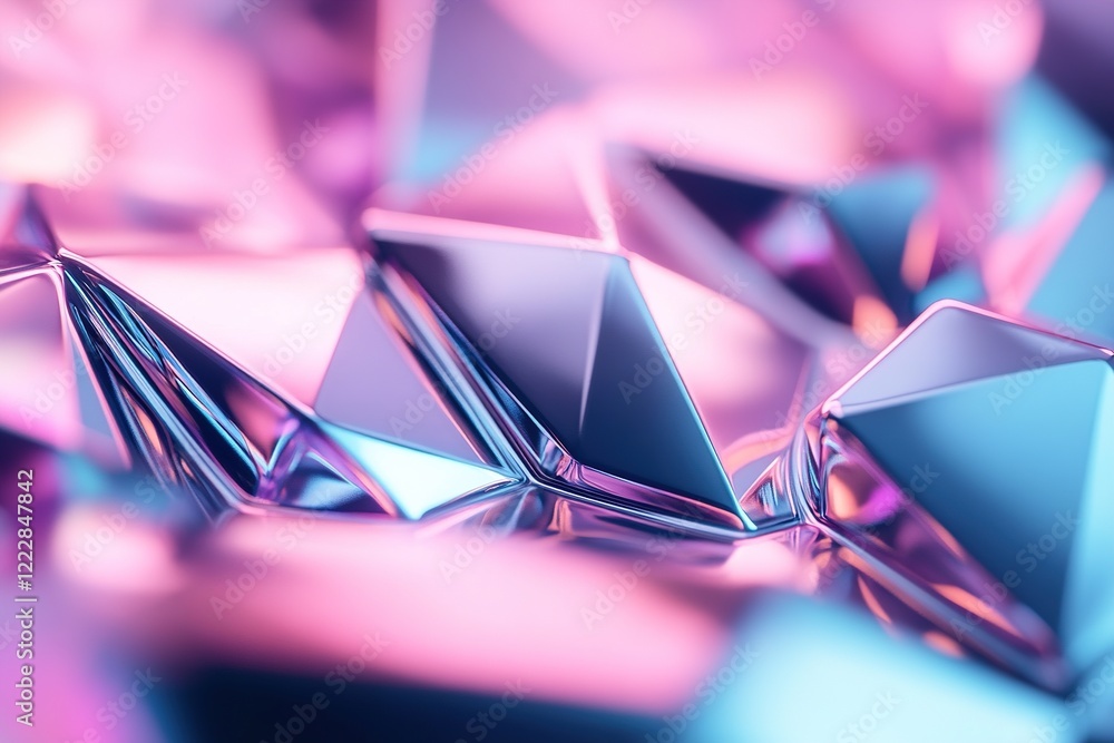 Poster close-up view showcases a faceted metallic surface illuminated by glowing neon pink and cyan lights.