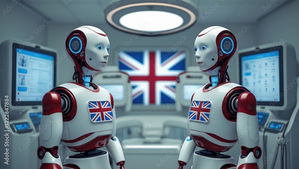 Poster two humanoid robots with british flags converse in a futuristic, tech-filled environment featuring s