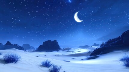 Naklejka premium Serene Desert NightScape Under Crescent Moon And Stars