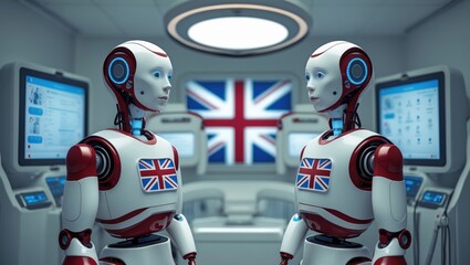 Two humanoid robots with British flags converse in a futuristic, tech-filled environment featuring screens and a circular light.