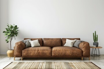 Sharp Picture of Brown Sofa in White Living Room with Copy Space