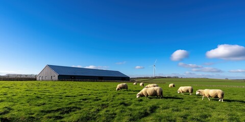 Obraz premium A progressive concept showing a large solar panel installation on a UK farm, with sheep grazing peacefully under the turbine