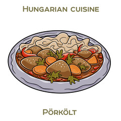 Porkolt is a traditional Hungarian meat stew, slow-cooked with paprika, onions, and various spices, often served with noodles or dumplings.