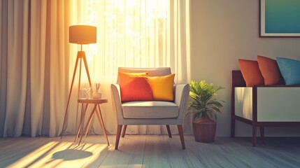 Sunlit Living Room With Armchair And Floor Lamp