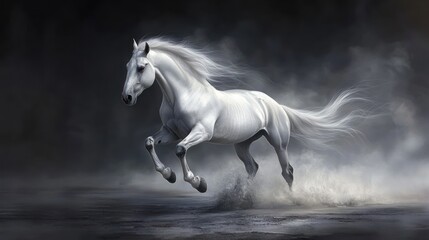 Naklejka premium Majestic White Horse Running Through Misty Water