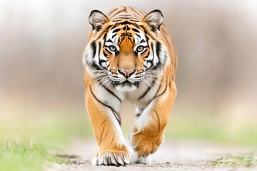 Fototapeta premium A majestic tiger strides confidently down a path in a blurred natural setting, showcasing its power