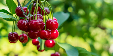 Ripe red cherries on a tree branch