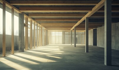 Homebuilding concept. Empty residential construction site with wooden framing and natural light