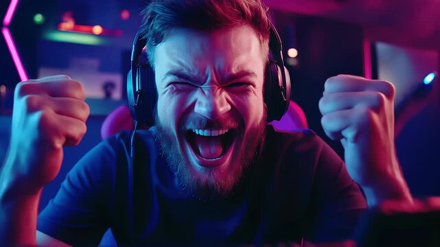 pro gamer man in headphones live streaming while playing online computer game, neon lights, esports,  gaming, monitor, play, young, player, internet, enjoyment, cyber,