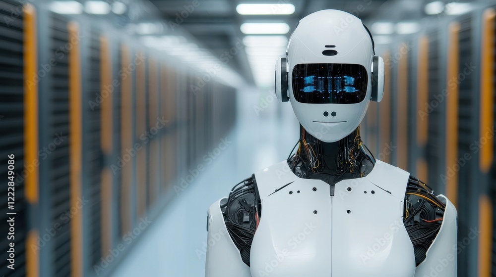 Aufkleber futuristic humanoid robot in a data center with server racks
