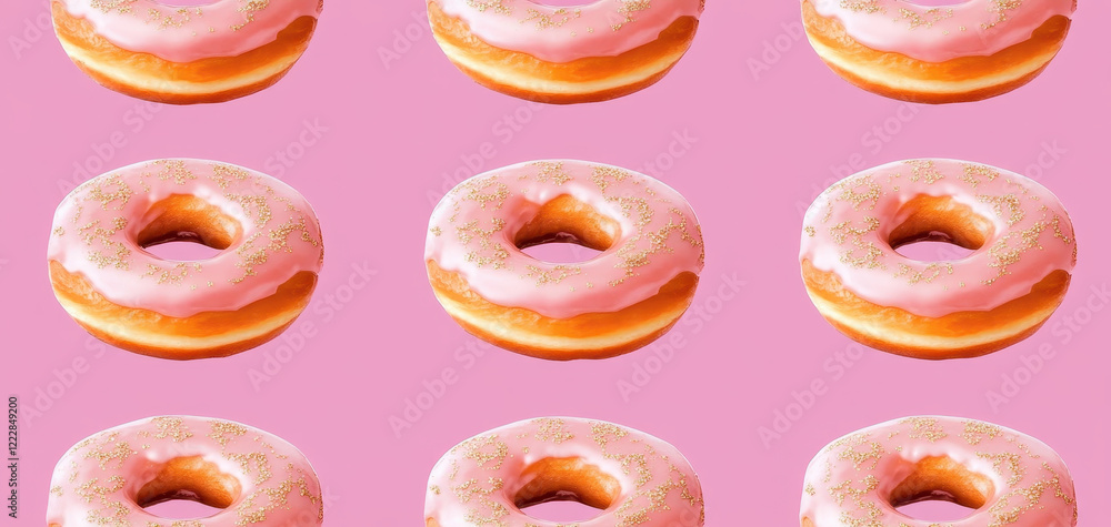 Poster delightful pink frosted donuts with sprinkles arranged in repeating pattern, perfect for adding fun 
