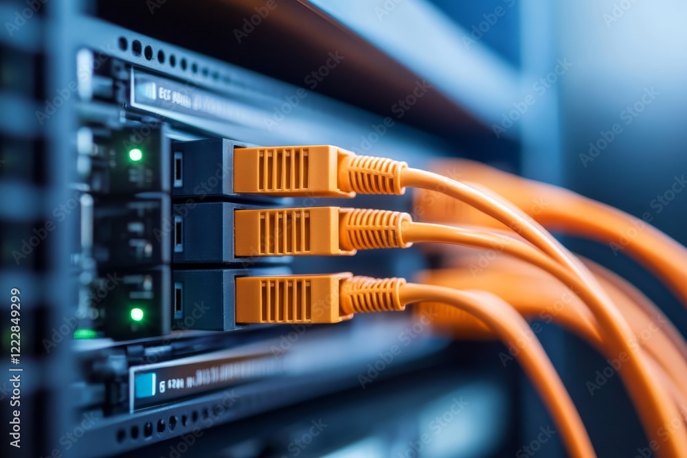 Poster detailed view of orange network cables connected to a server in a modern data center