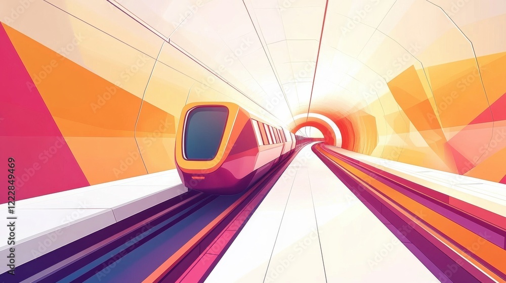 Poster colorful abstract illustration of a train entering a vibrant tunnel with dynamic lines and patterns