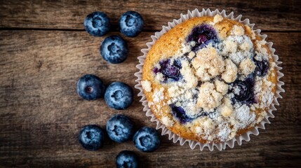 Fototapeta premium Freshly baked blueberry muffin with scattered blueberries on rustic wooden table background