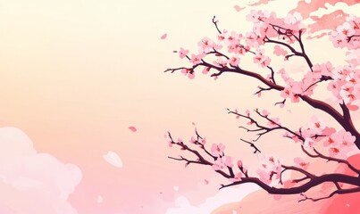 Naklejka premium Horizontal banner with sakura flowers of pink color on sunny backdrop. Beautiful nature spring background with a branch of blooming sakura.