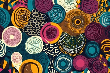 African wax print style pattern with circular and geometric designs in vibrant colors