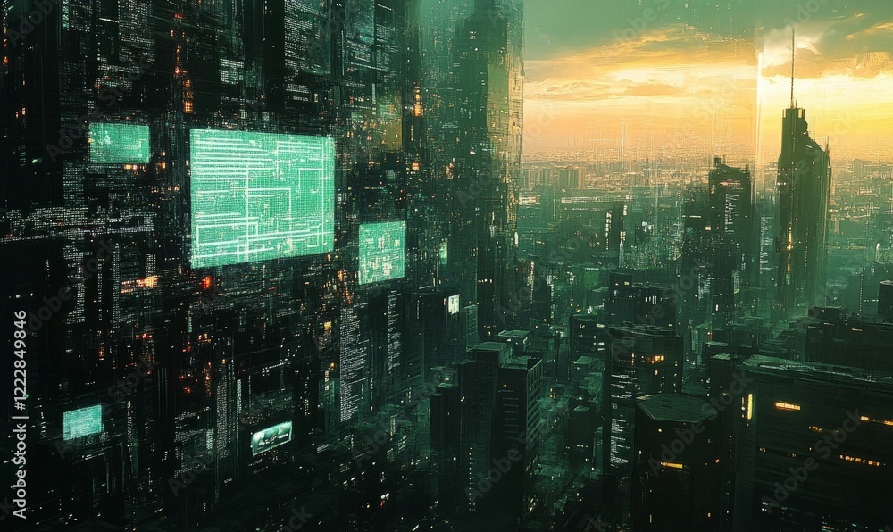 Poster image of screens and data processing over cityscape