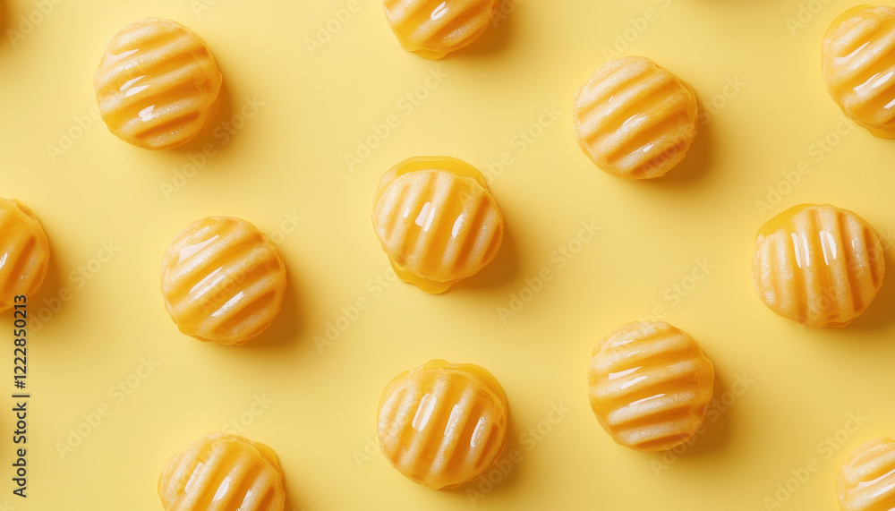 Poster delicious yellow waffles with textured surface arranged on bright yellow background, creating vibran
