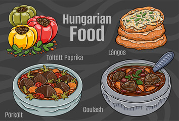 A hand-drawn vector illustration featuring a collection of famous Hungarian dishes.