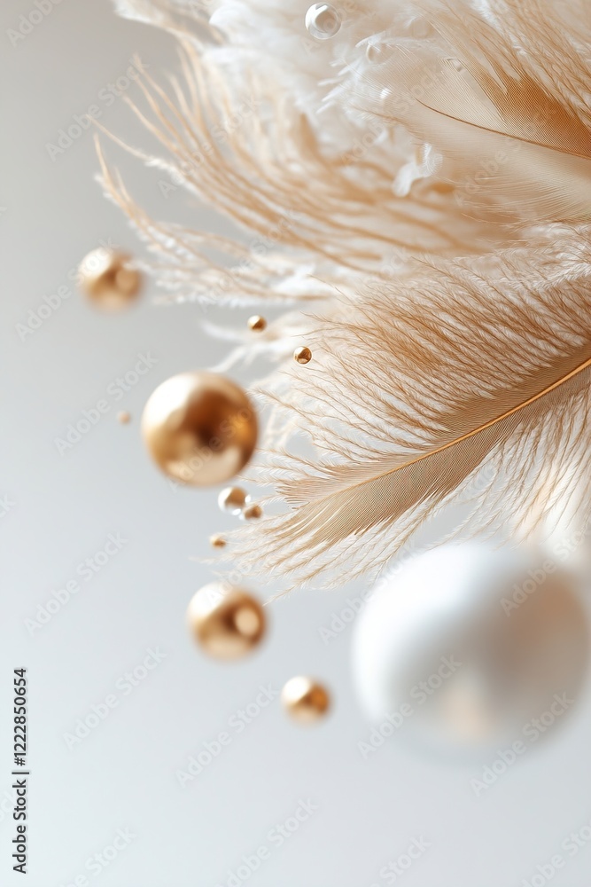 Poster golden feathers intertwine seamlessly with metallic spheres, creating a harmonious composition that 