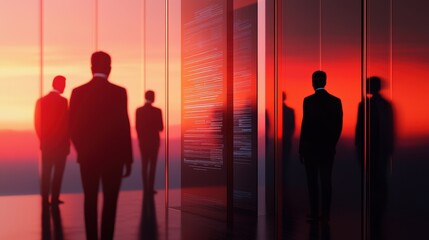 A team of futuristic business robots analyzing holographic graphs and digital financial insights in a sleek office