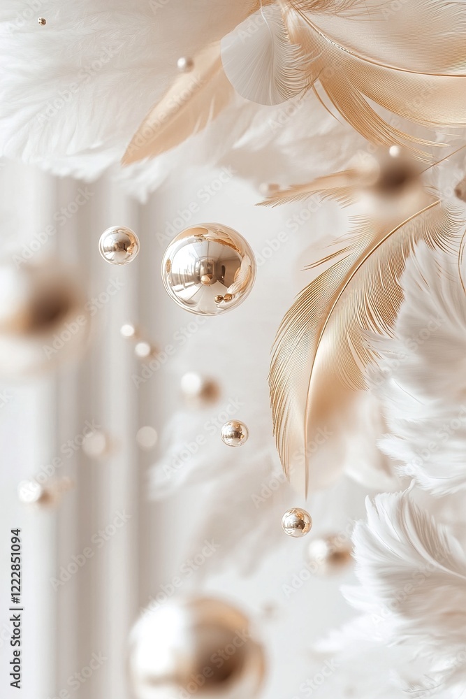 Poster delicate golden feathers elegantly intertwine with metallic spheres, creating a mesmerizing display 