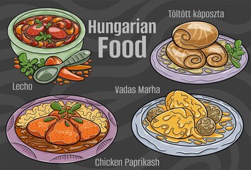A hand-drawn vector illustration featuring a collection of famous Hungarian dishes.