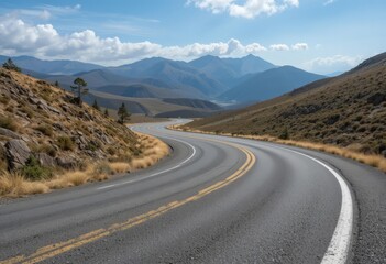 A winding mountain road surrounded by rolling green hills and bathed in warm sunrise light, creating a serene landscape.